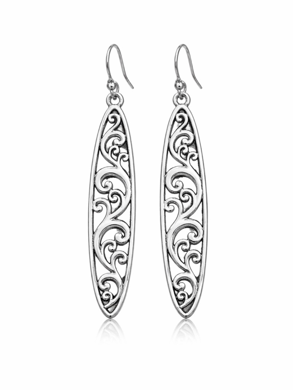 Silver Filigree Drop Earrings Openwork Scroll Design 2.17in